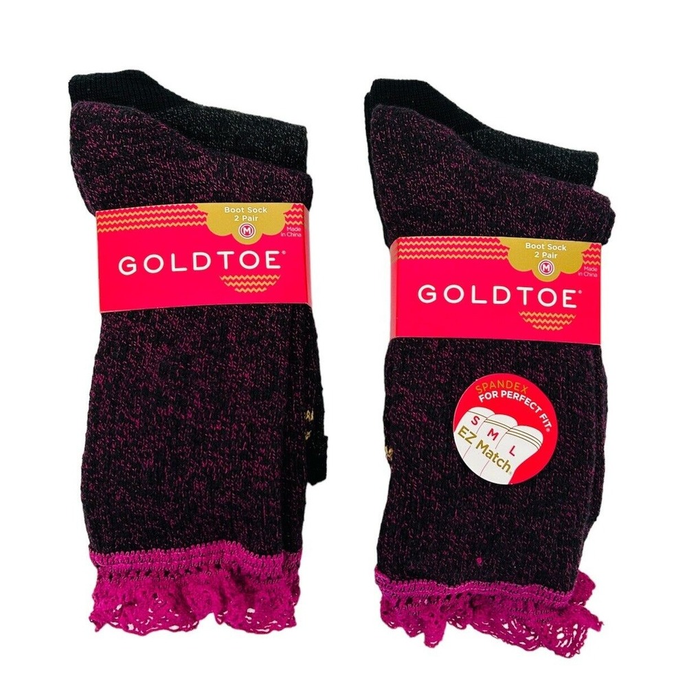 Nwt Gold Toe‎ Girls Dress Socks Size M 9-1.5 Kids Boot Crochet Lace 2 Pack